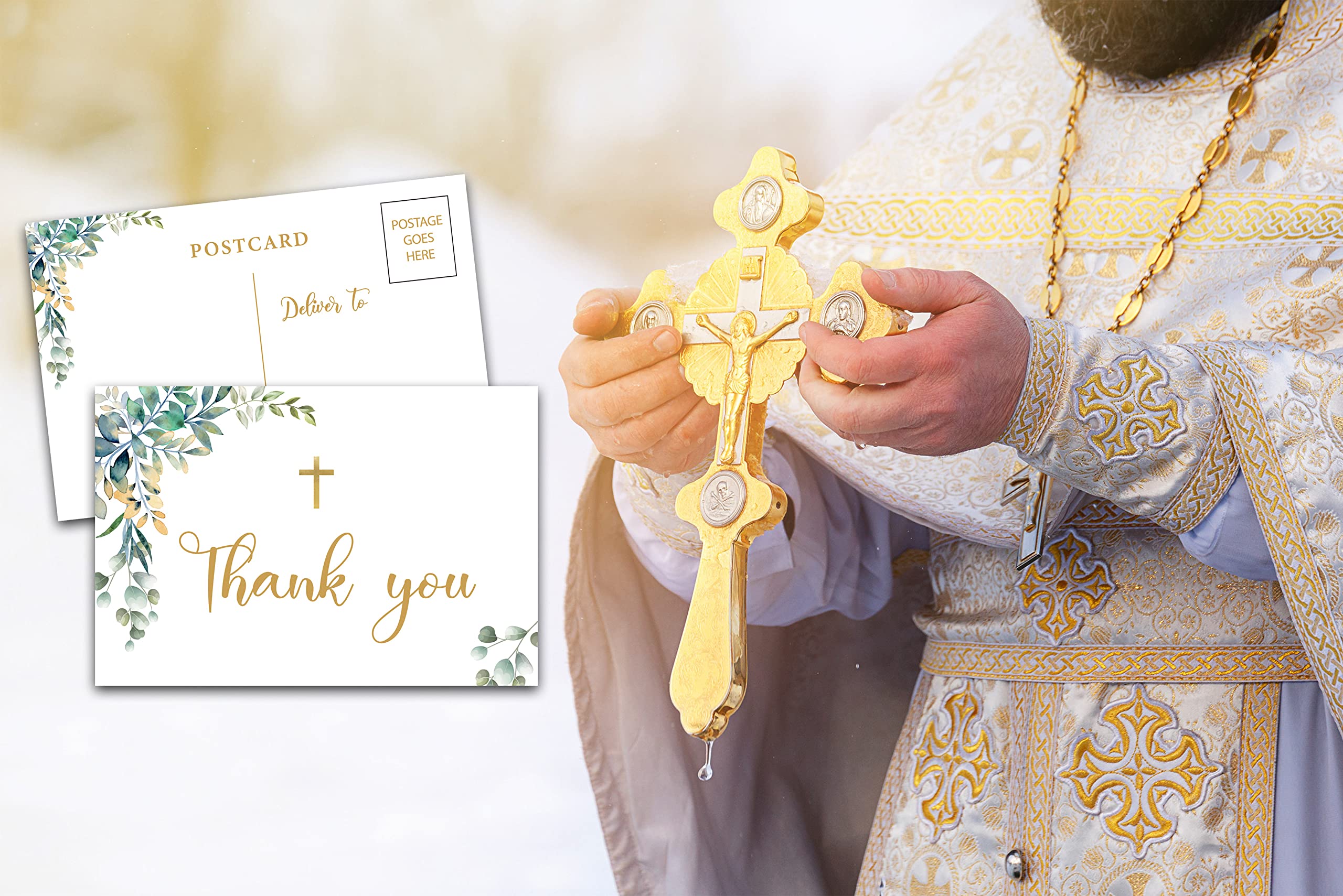 Eyouyeqi Baptism Thank You Post Cards, Greenery Baby Shower Thank You Card, Gold Foil 1st Communion Religious Christening Ceremony Celebration, Gender Reveal Party Decorations - A03(25 Pack)