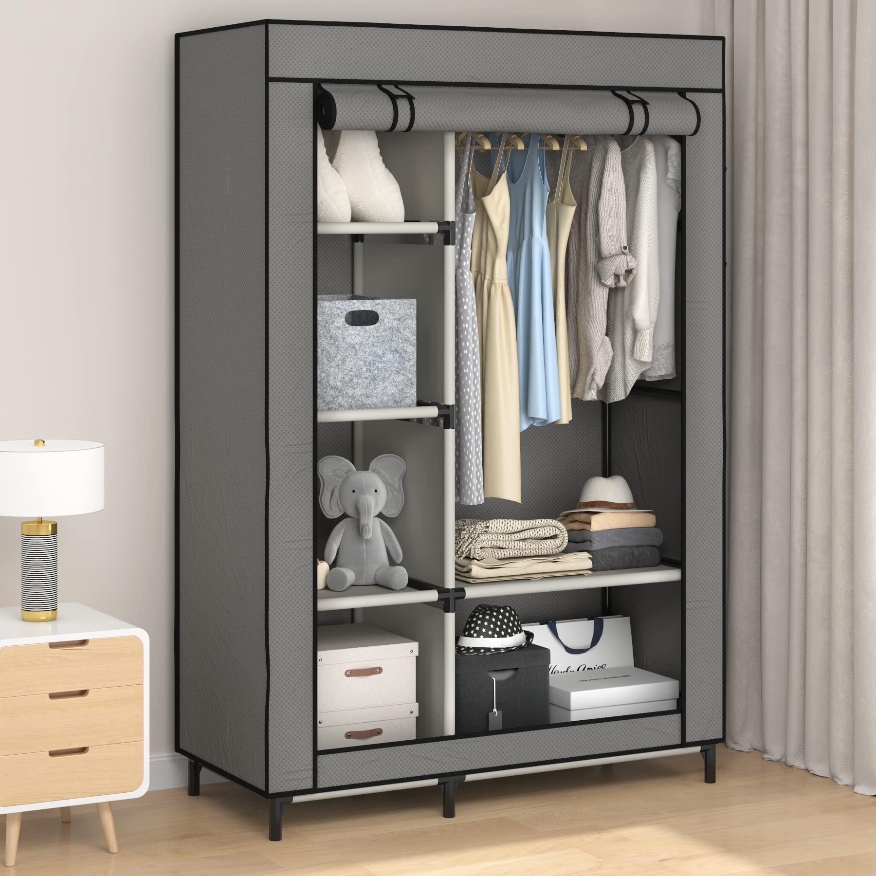 Buzowruil Canvas Wardrobe Portable Closet Wardrobe Clothes Storage with 6 Shelves and Hanging Rail,Non-Woven Fabric, Quick and Easy Assembly,Grey