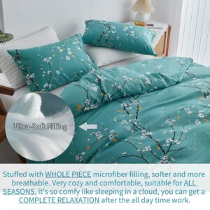 RYNGHIPY Girls Bedding Set Twin Size Teal Pastel Floral Bedding Comforter Set Tree Branch Printing Bedding with Pillowcases Soft Lightweight Down Alternative Bedding Sets All Seasons