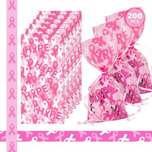 Heartome Breast Cancer Awareness Accessories, 204Pcs Ribbon Party Supplies, 4 Rolls of 11 Yards Ribbon, 200Pcs Breast Cancer Support Cellophane Bags for Breast Cancer Parties Present Wrapping