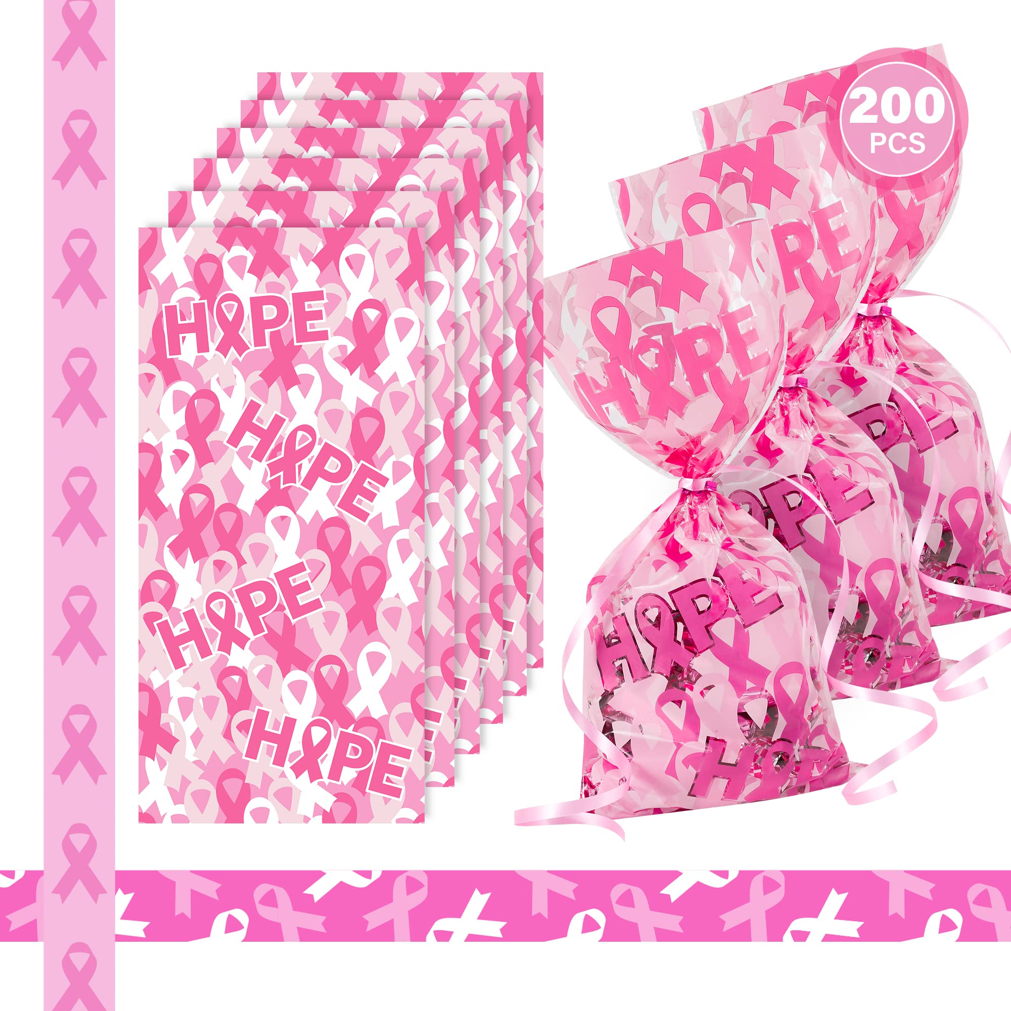 Heartome Breast Cancer Awareness Accessories, 204Pcs Ribbon Party Supplies, 4 Rolls of 11 Yards Ribbon, 200Pcs Breast Cancer Support Cellophane Bags for Breast Cancer Parties Present Wrapping