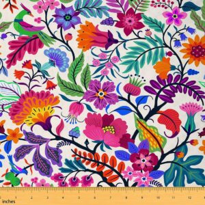 floral upholstery fabric by the yard, bright colorful flowers reupholstery fabric for chairs, vintage exotic tropical leaves decorative fabric for outdoor and home diy projects, 1 yard, purple red