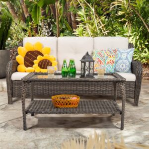 Joyside Patio Furniture Set 2-Piece Wicker Outdoor Furniture Conversational Sets with 3-Seat Sofa, Patio Rattan Coffee Table Patio Rattan Wicker Sectional Sofa Set with Cushions(Mixed Grey/Beige)