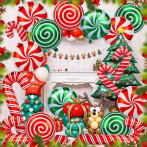 36 Pcs Christmas Candy Balloons Kit, Large Cane Swirl Candy Foil Balloons with 2 Pcs Ribbons, Red Green Mylar Sweet Candies Theme Balloons