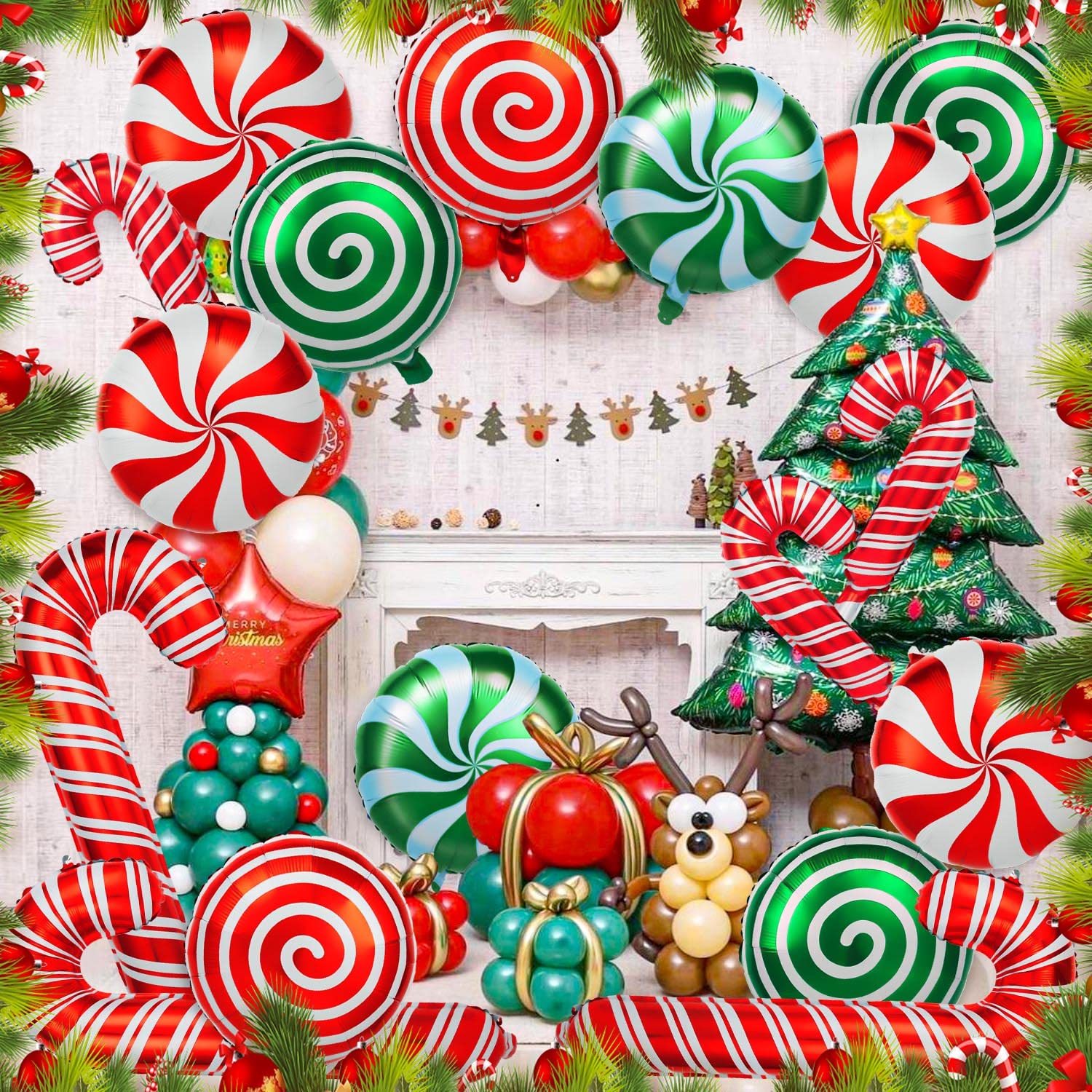 36 Pcs Christmas Candy Balloons Kit, Large Cane Swirl Candy Foil Balloons with 2 Pcs Ribbons, Red Green Mylar Sweet Candies Theme Balloons