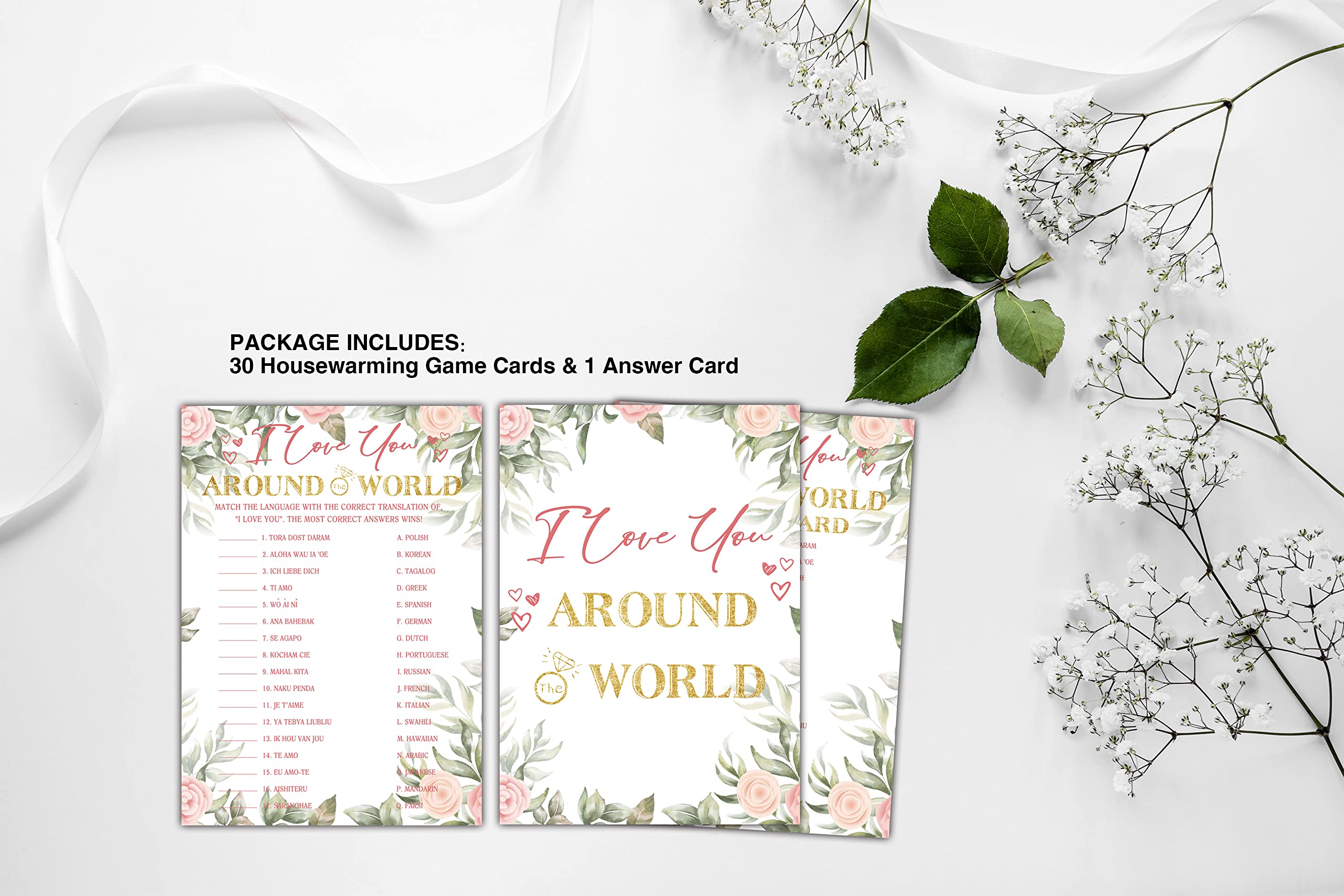 Bridal Shower Games - I Love You Around The World Wedding Party Game - Boho Floral Greenery Bachelorette/Engagement Party Supplies Activities - Pack of 30 Game Cards & 1 Answer Card (A05)