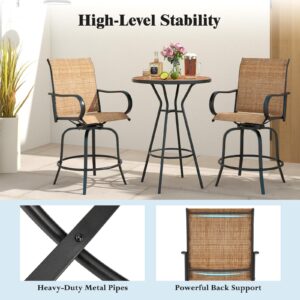 Tangkula Outdoor Swivel Bar Stools Set of 2, Bar Height Tall Patio Chairs with Armrests & High Back, Cozy Footrest & Solid Metal Support, High Top Bar Chairs for Backyard, Balcony, Poolside (1, Brown)