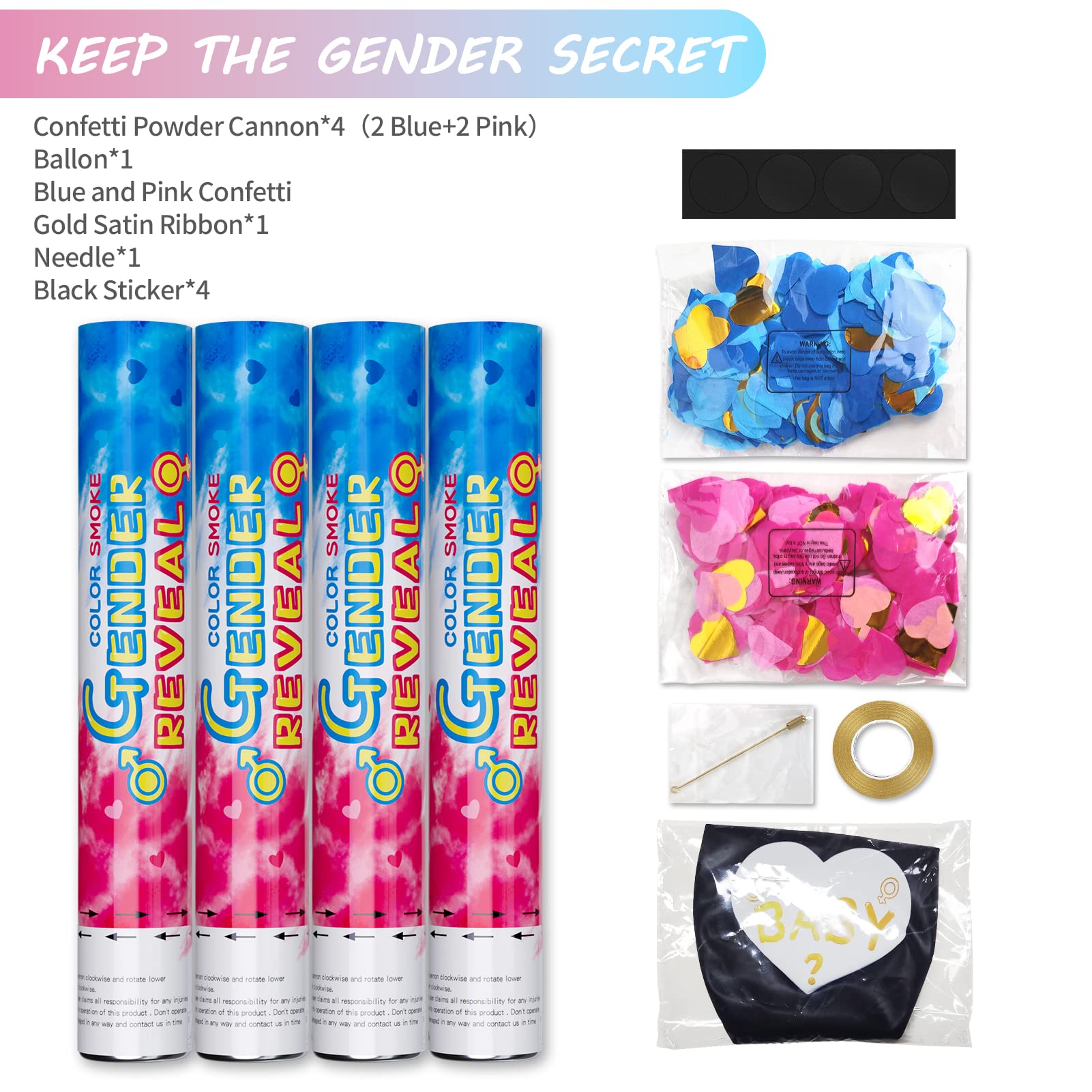 Gender Reveal Powder Confetti Cannon and Confetti Balloon-100% Safe Biodegradable Boy or Girl Confetti Smoke Cannons- Baby Shower Poppers Party Ideas and Supplies (2 Pink, 2 Blue and 36'' Balloon)