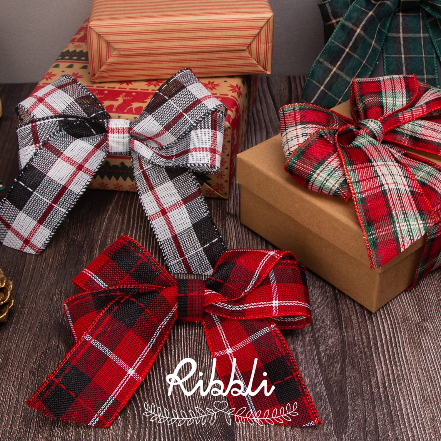 Ribbli 6 Rolls Christmas Wired Ribbon,Natural Red Burlap/Buffalo Plaid/Red and Green Plaid Ribbon,2 Inch Total 30 Yard, Christmas Ribbon for Crafts, Big Bow,Gift Wrapping, Wreath, Tree Decoration