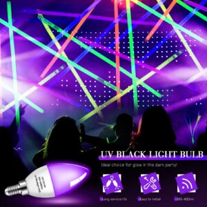 Qualirey 4 Pieces LED Black Light Bulb 6w E12 Base Blacklight Candle Bulb Glow in The Dark Party Level 395-400 Nm Halloween Black Lights for Home Stage DJ Disco, Body Paint, Neon Fluorescent Poster