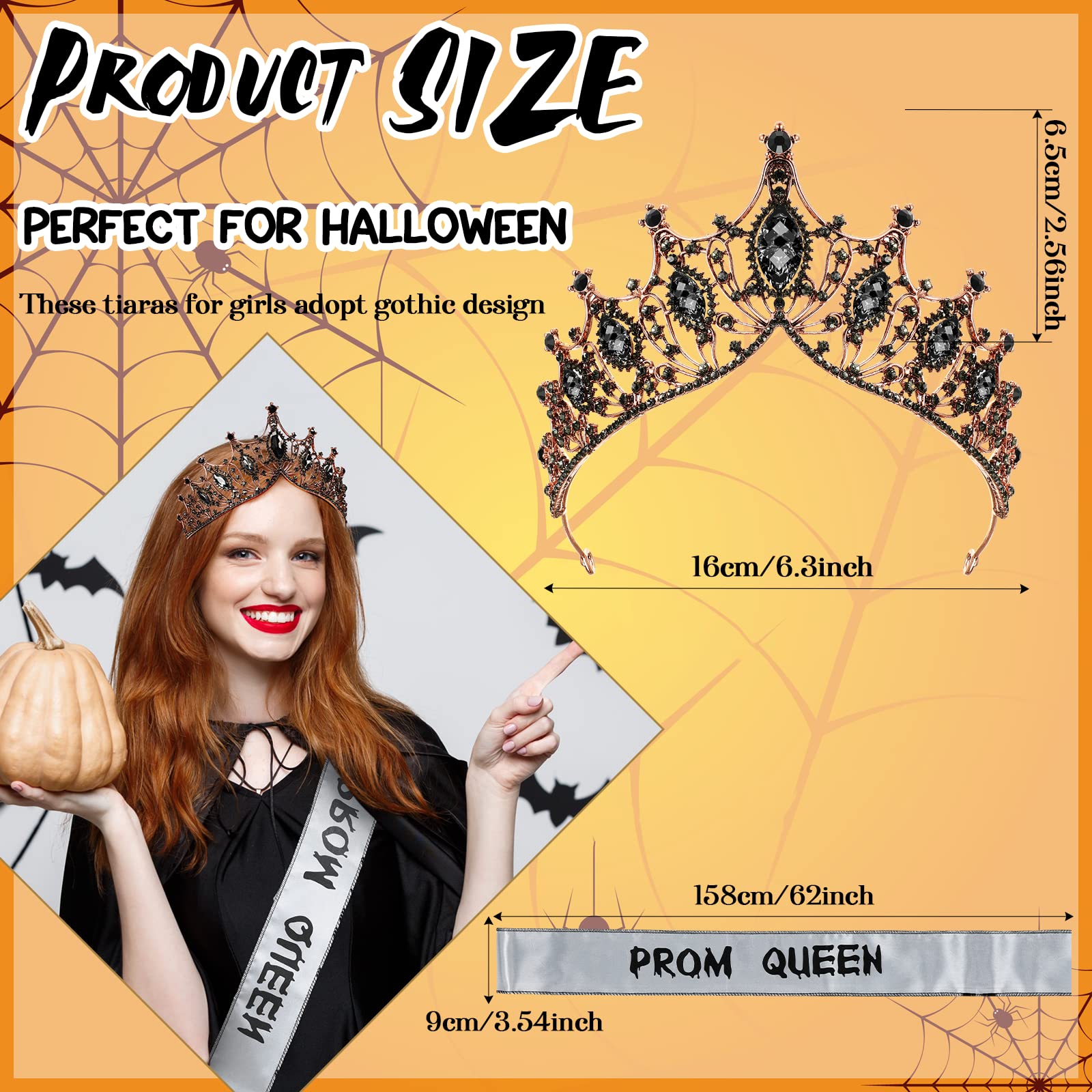 Yinkin Halloween Black Zombie Prom Queen Crowns and Zombie Prom Queen Satin Sash, Baroque Crowns Tiaras Prom Queen Party Sash for Halloween Cosplay Party