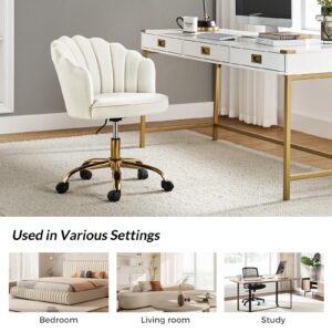 HULALA HOME Velvet Home Office Chair with Gold Base, Womans Modern Cute Shell Back Upholstered Desk Chair for Vanity, Adjustable Swivel Task Chair for Living Room, Ivory Chair for Desk