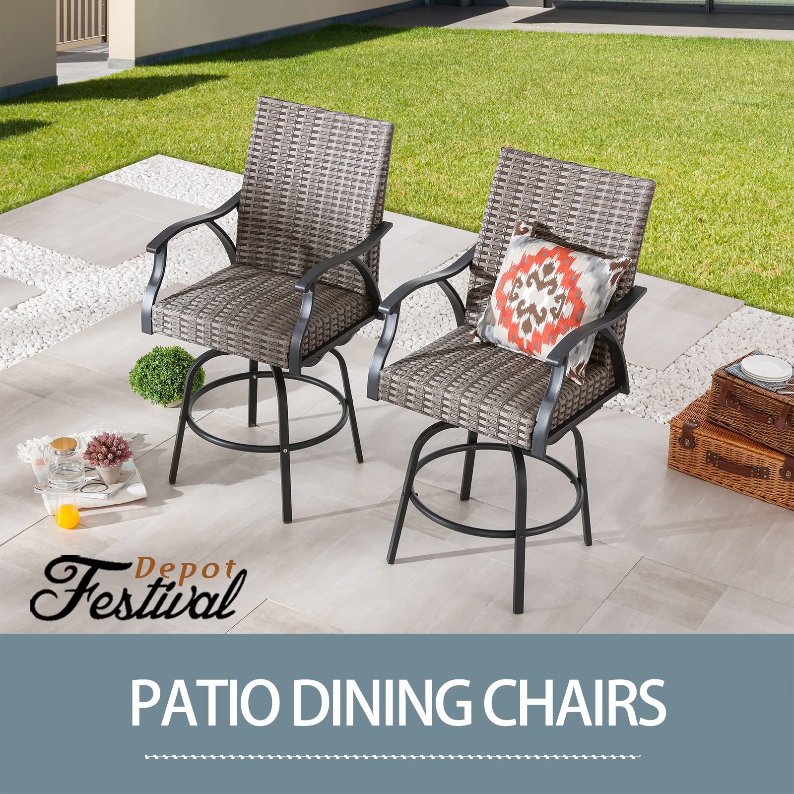 Festival Depot 2pcs Patio Bar Height Stools Rattan Wicker High Back 360° Swivel Chairs Patio Dining Chairs Metal Outdoor Furniture with Soft Seat Cushion for Bistro Lawn Garden Pool