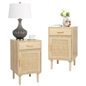 finnhomy tall nightstands set of 2, night stand, bedside table set of 2 with drawer and shelf, hand made rattan decorated doors, nightstands with storage for bedroom, natural, 2 pack