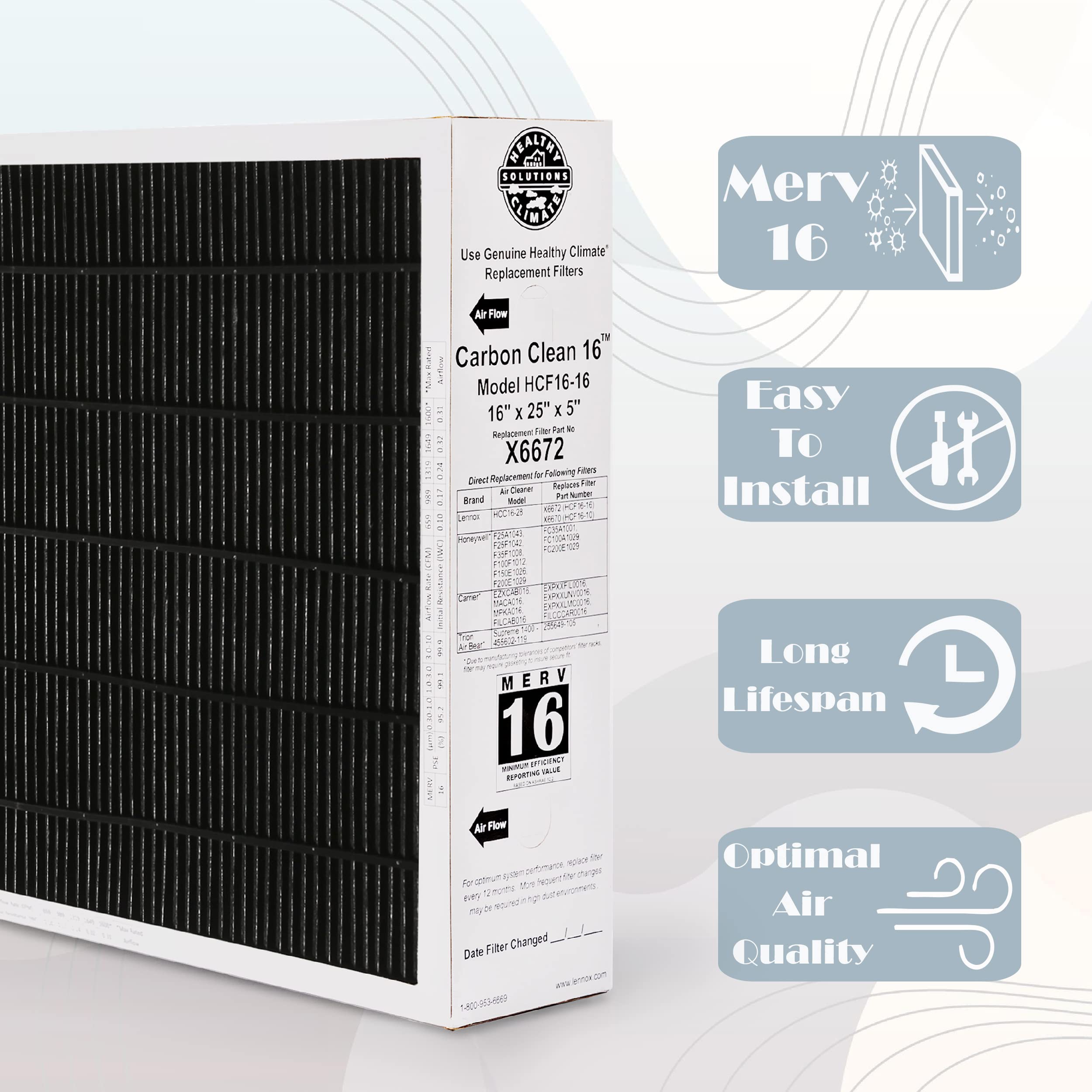 Lennox X6672 16x25x5 Furnace Filter, Merv 16 Carbon Clean Home Air filter for HVAC system 2 Pack with Cleaning Cloth