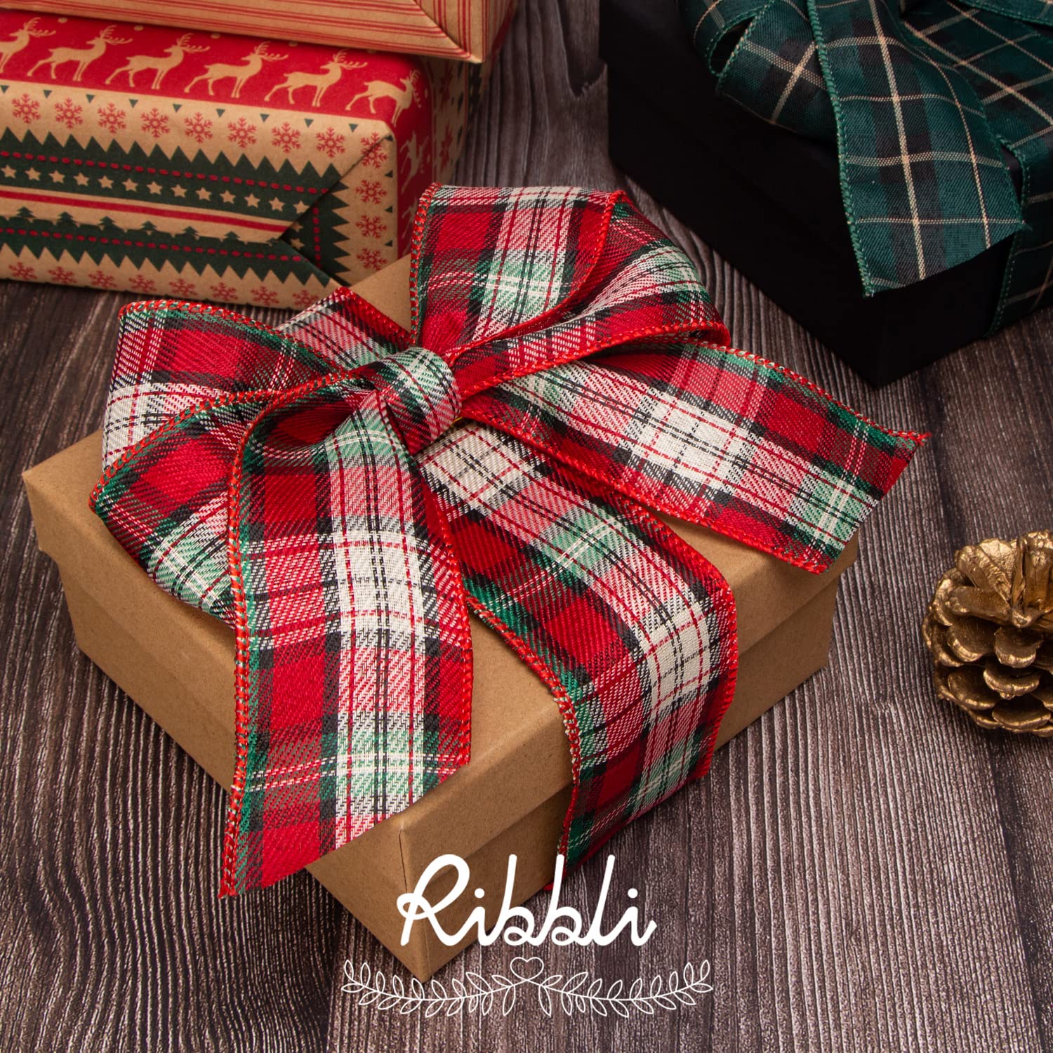 Ribbli 6 Rolls Christmas Wired Ribbon,Natural Red Burlap/Buffalo Plaid/Red and Green Plaid Ribbon,2 Inch Total 30 Yard, Christmas Ribbon for Crafts, Big Bow,Gift Wrapping, Wreath, Tree Decoration