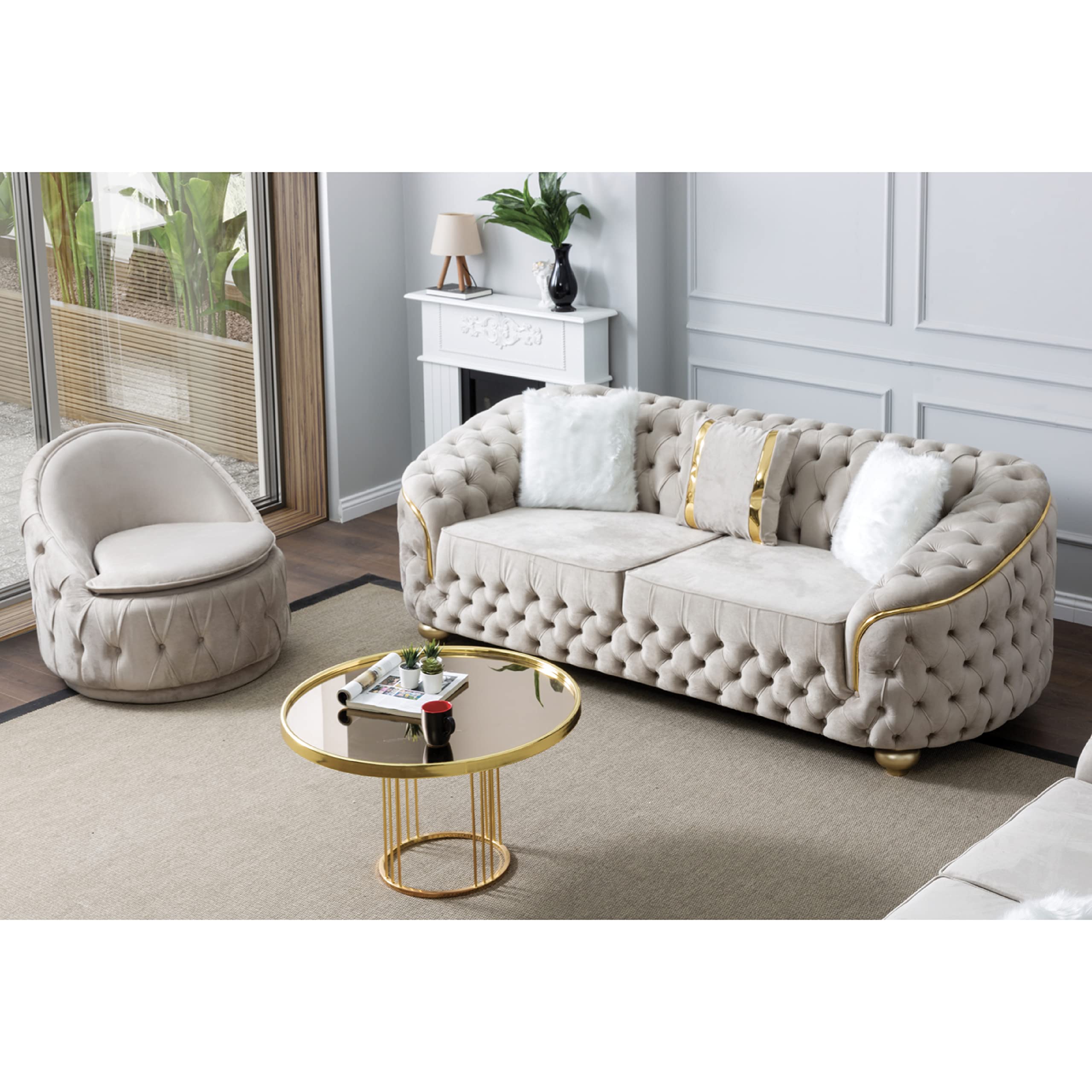 BEYAN Bursa Cream Living Room Set, Sofa & Loveseat, Mid-Century Modern Style, Tufted Button, Includes 3 & 2 Pillows, 91" & 84", Cream