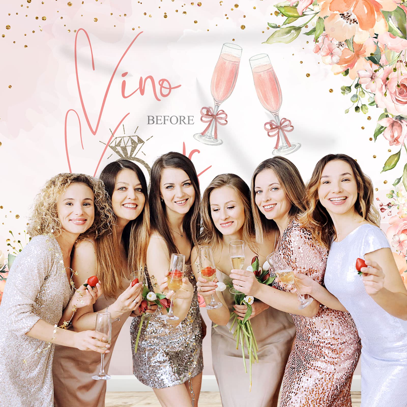 Rsuuinu Vino Before Vows Bachelorette Weekend Backdrop for Parties Glitter Dots Flowers Ring Champagne Bride to Be Photography Background Bach Party Wedding Decorations Banner Photo Booth Props 7x5ft