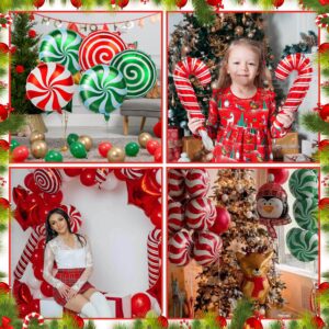 36 Pcs Christmas Candy Balloons Kit, Large Cane Swirl Candy Foil Balloons with 2 Pcs Ribbons, Red Green Mylar Sweet Candies Theme Balloons