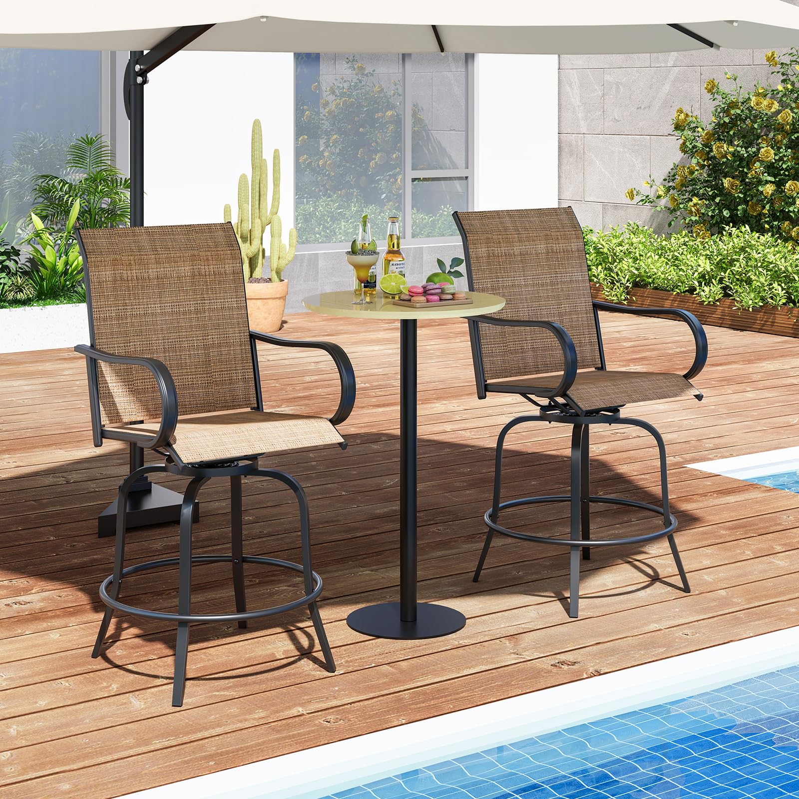 Tangkula Outdoor Swivel Bar Stools Set of 2, Bar Height Tall Patio Chairs with Armrests & High Back, Cozy Footrest & Solid Metal Support, High Top Bar Chairs for Backyard, Balcony, Poolside (1, Brown)