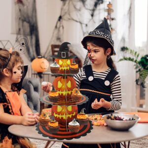 3-Tier Halloween Cupcake Stand for Dessert Table, Halloween Pumpkin Cupcake Tower Halloween Tray Orange Cardboard Cake Dessert Stand for 24 Cupcakes Halloween Party Carnival Decorations