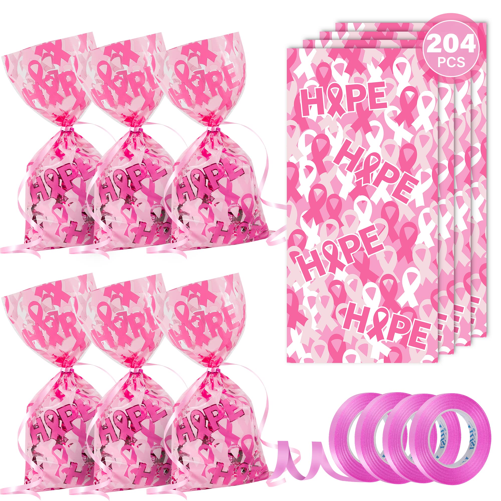 Heartome Breast Cancer Awareness Accessories, 204Pcs Ribbon Party Supplies, 4 Rolls of 11 Yards Ribbon, 200Pcs Breast Cancer Support Cellophane Bags for Breast Cancer Parties Present Wrapping