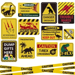 13 pcs dinosaur birthday party supplies, dinosaur party decorations for boys kid birthday party baby shower，11.8 inch dinosaur theme party wall decor signs with yellow caution tape