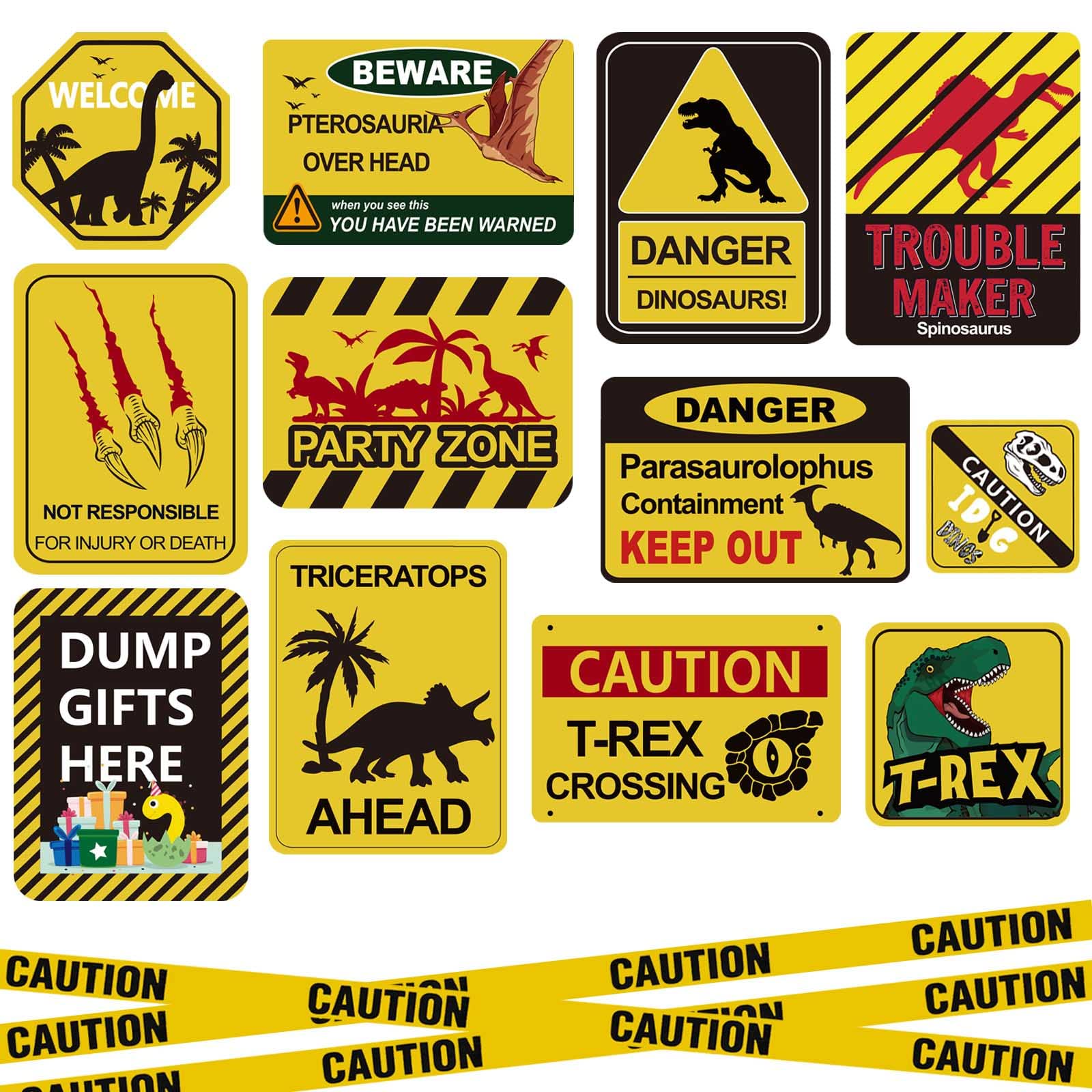 13 pcs Dinosaur Birthday Party Supplies, Dinosaur Party Decorations for Boys Kid Birthday Party Baby Shower，11.8 inch Dinosaur Theme Party Wall Decor Signs with Yellow Caution Tape