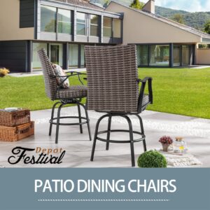 Festival Depot 2pcs Patio Bar Height Stools Rattan Wicker High Back 360° Swivel Chairs Patio Dining Chairs Metal Outdoor Furniture with Soft Seat Cushion for Bistro Lawn Garden Pool