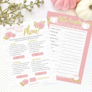 DISTINCTIVS Pink Little Pumpkin Girl Baby Shower - What's On Your Phone and Word Scramble (2 Game Bundle) - 20 Dual Sided Cards