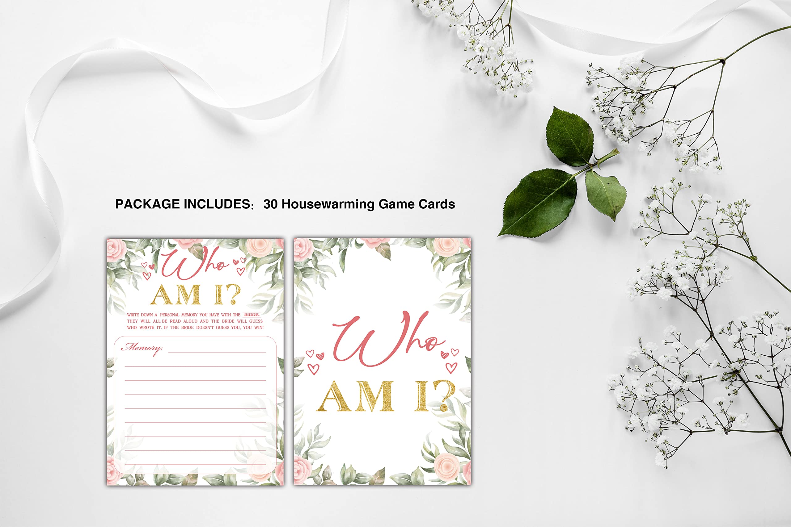 Bridal Shower Games - Who Am I Wedding Party Game - Boho Floral Greenery Bachelorette/Engagement Party Supplies Activities - Pack of 30 Game Cards (A14)