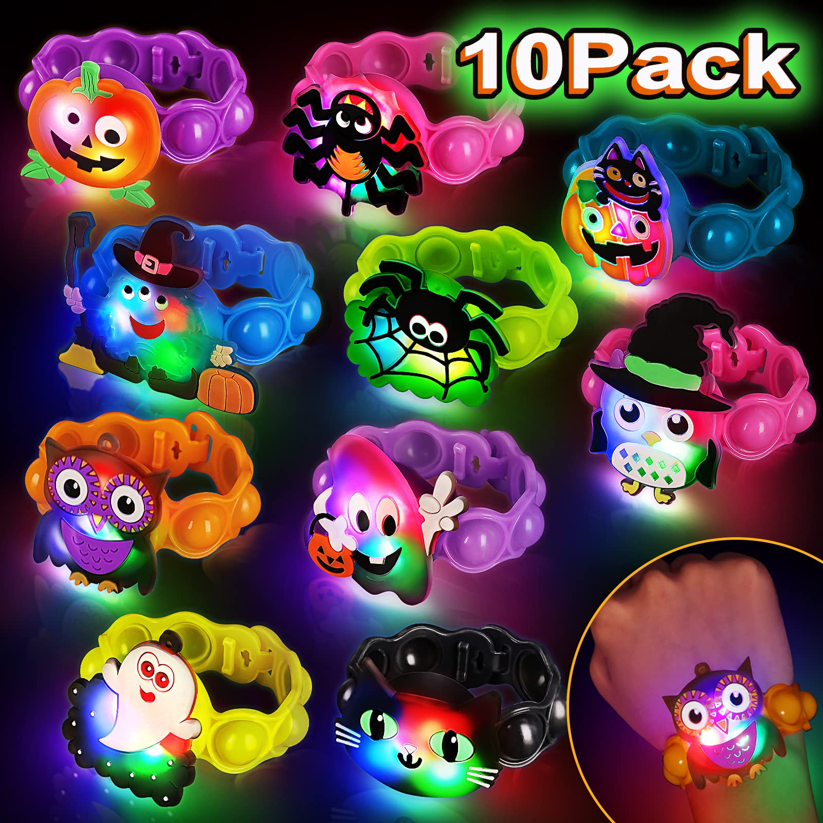 Halloween LED Light Up Bracelets for Kids 10 Pcs Halloween Party Favors Treats Prizes Halloween Toys Gifts for Goody Bag Stuffers Halloween Toys for Goody Bag Fillers Glow in The Dark Party Supplies