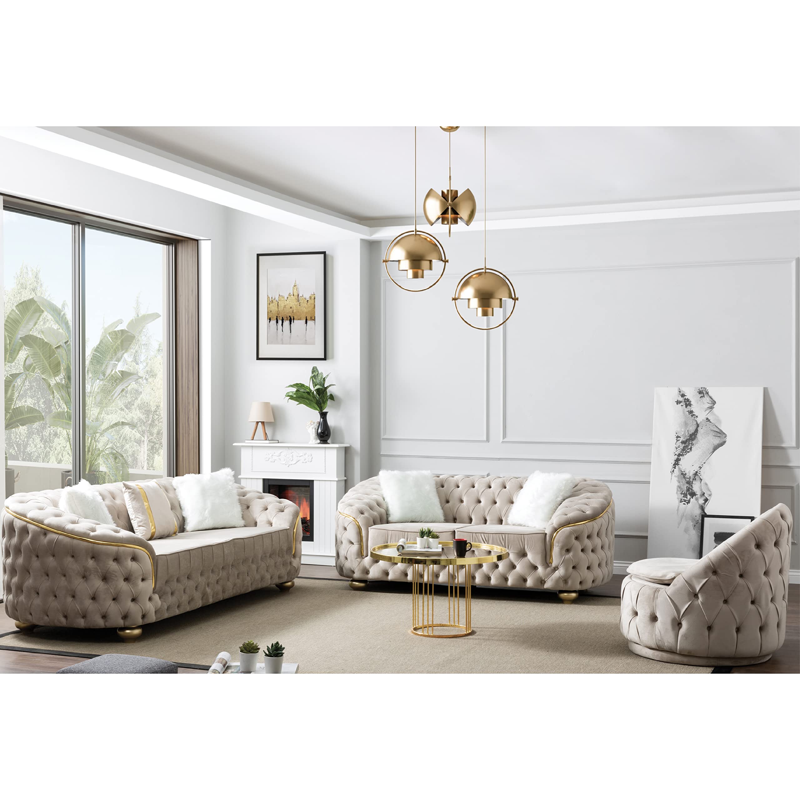 BEYAN Bursa Cream Living Room Set, Sofa & Loveseat, Mid-Century Modern Style, Tufted Button, Includes 3 & 2 Pillows, 91" & 84", Cream