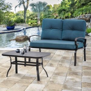 SUNCROWN 2-Piece Patio Loveseat Furniture Set Outdoor Steel Frame Bench with Thick Cushions and Coffee Table - Peacock Blue