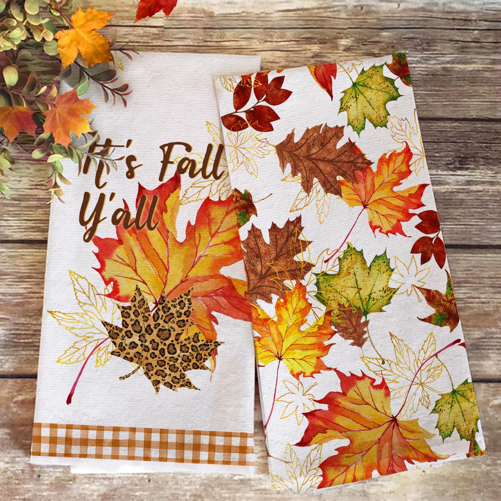 Seliem It’s Fall Y’All Maple Leaves Kitchen Dish Towel Set of 2, Watercolor Thanksgiving Leopard Leaf Fingertip Towel Hand Drying Baking Cooking Cloth, Autumn Seasonal Home Farmhouse Decoration 18x26