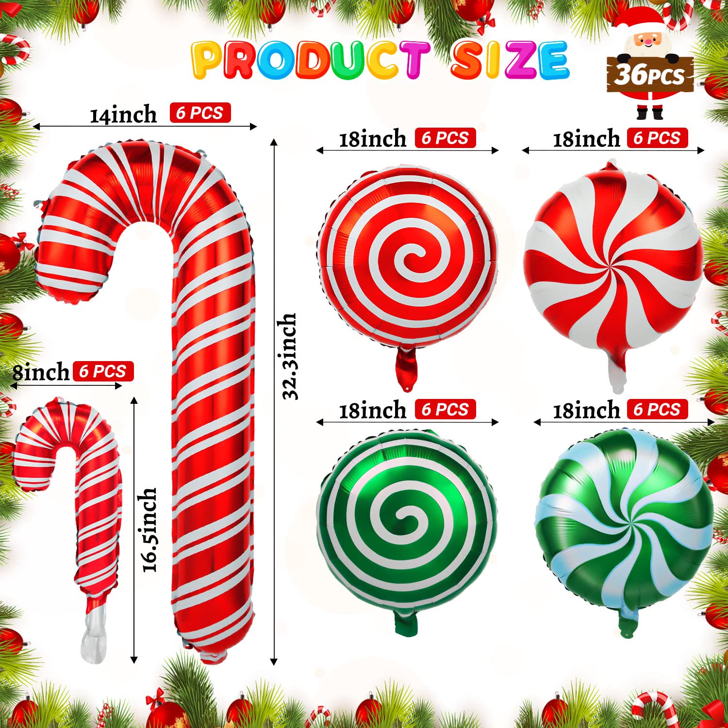 36 Pcs Christmas Candy Balloons Kit, Large Cane Swirl Candy Foil Balloons with 2 Pcs Ribbons, Red Green Mylar Sweet Candies Theme Balloons