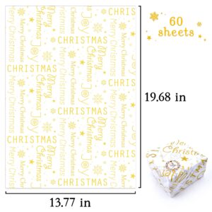 MR FIVE 60 Sheets White with Gold Merry Christmas Tissue Paper Bulk,20" x 14",Gold Christmas Tissue Paper for Gift Bags,Merry Christmas Tissue Paper