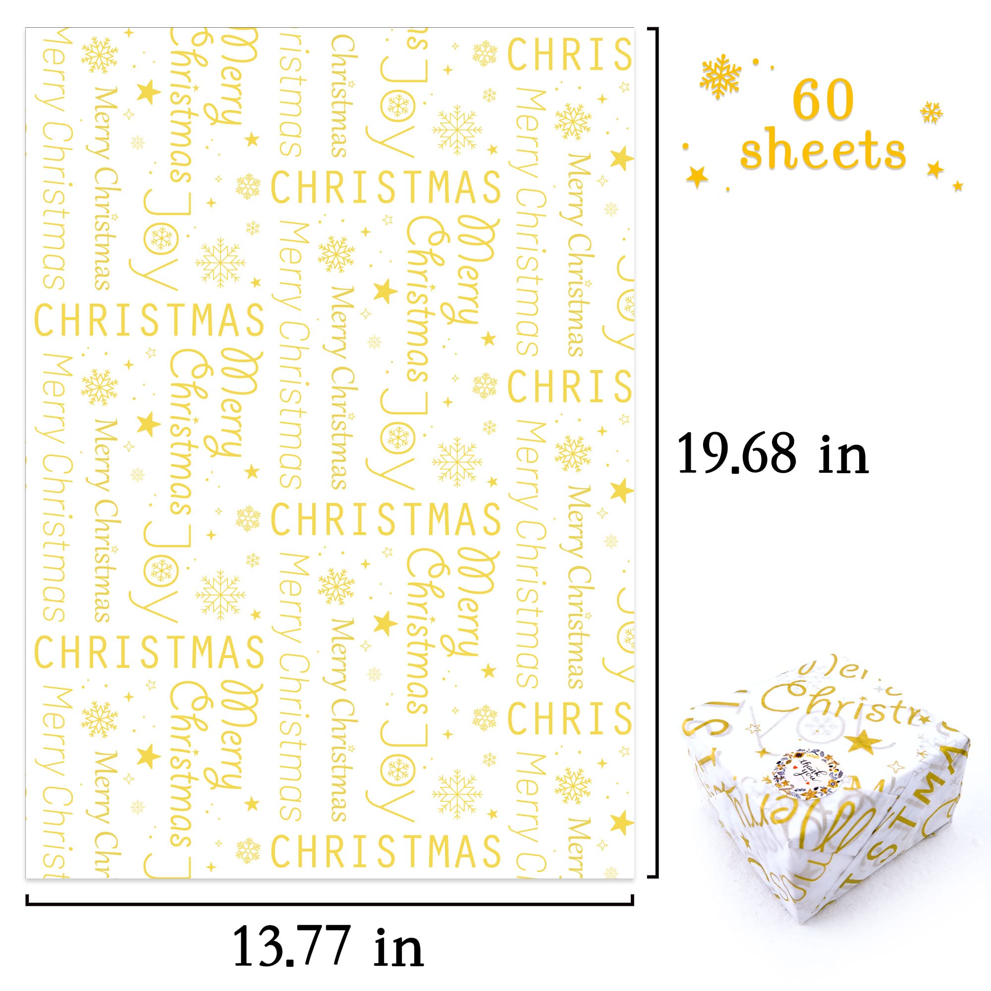 MR FIVE 60 Sheets White with Gold Merry Christmas Tissue Paper Bulk,20" x 14",Gold Christmas Tissue Paper for Gift Bags,Merry Christmas Tissue Paper