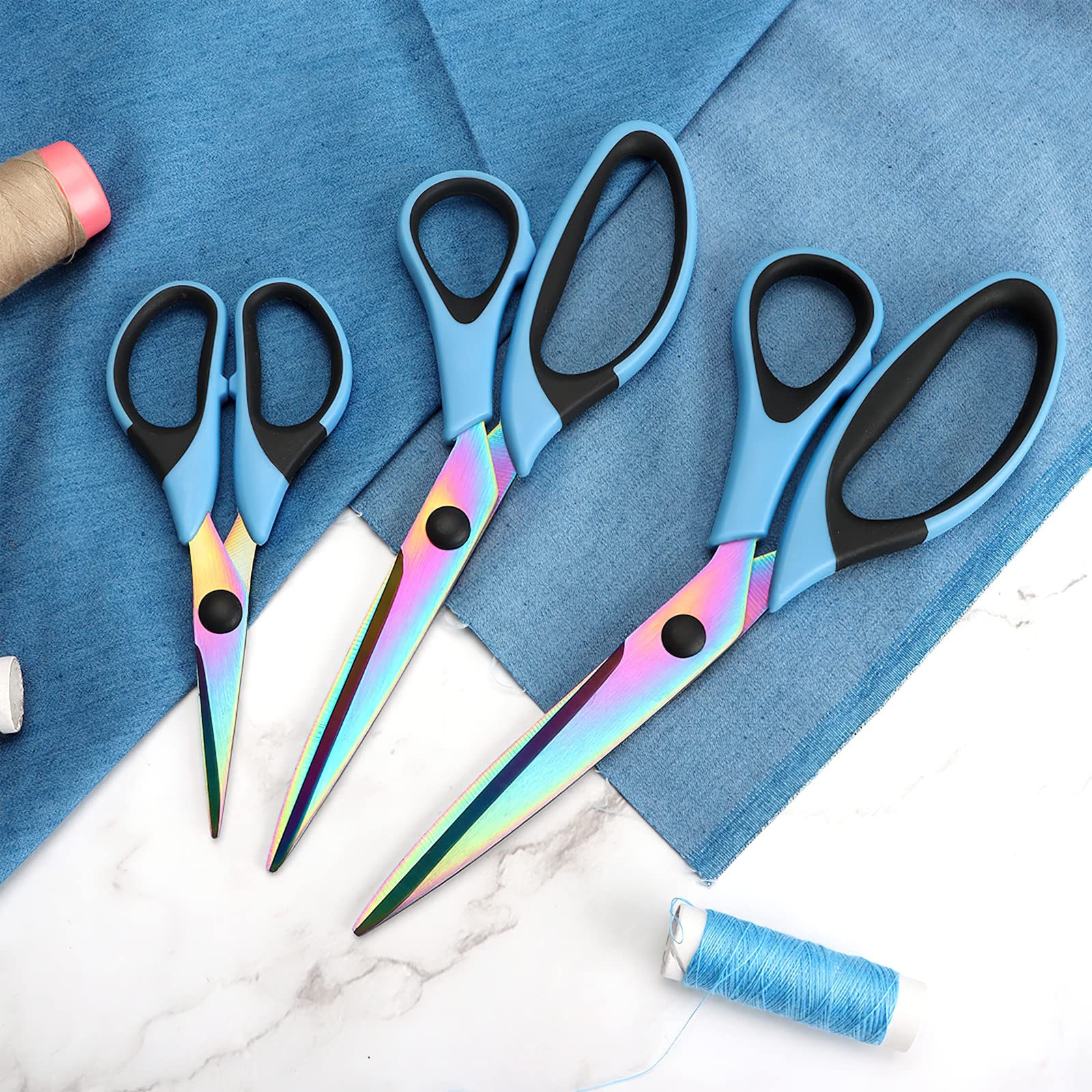 Craft Scissors Set of 3 Pack, All Purpose Sharp Titanium Blades Shears, Rubber Comfort Grip Handle, Multipurpose Fabric Scissors Tool Set Great for Office, Sewing, Arts, School and Home Supplies, Blue