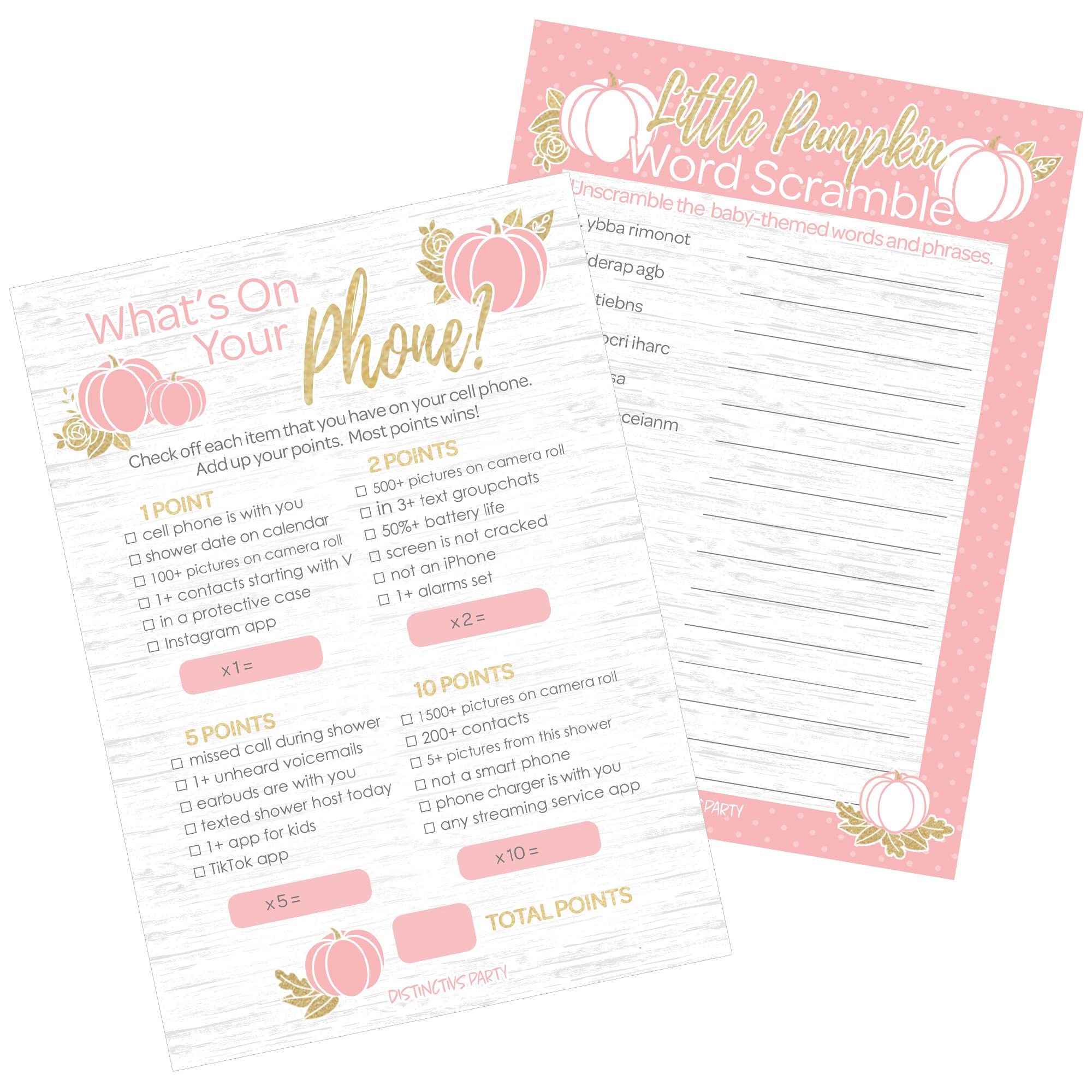 DISTINCTIVS Pink Little Pumpkin Girl Baby Shower - What's On Your Phone and Word Scramble (2 Game Bundle) - 20 Dual Sided Cards