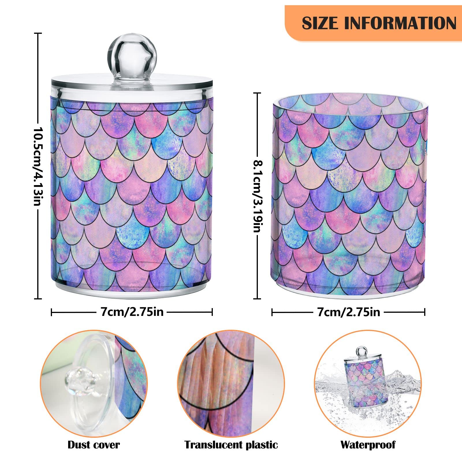 MNSRUU 2 Pack Qtip Holder Organizer Dispenser Colorful Mermaid Scales Bathroom Storage Canister Cotton Ball Holder Bathroom Containers for Cotton Swabs/Pads/Floss