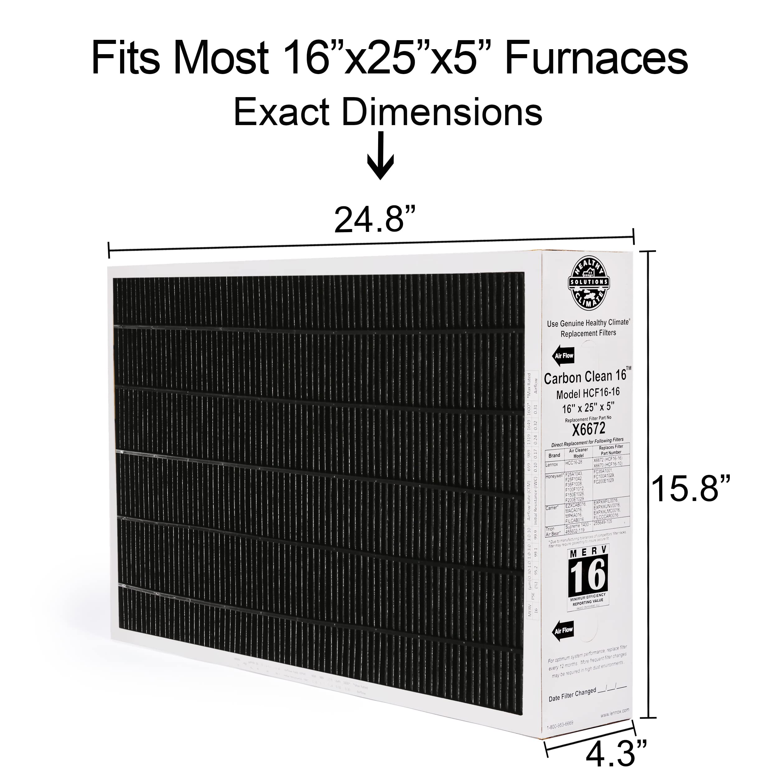 Lennox X6672 16x25x5 Furnace Filter, Merv 16 Carbon Clean Home Air filter for HVAC system 2 Pack with Cleaning Cloth