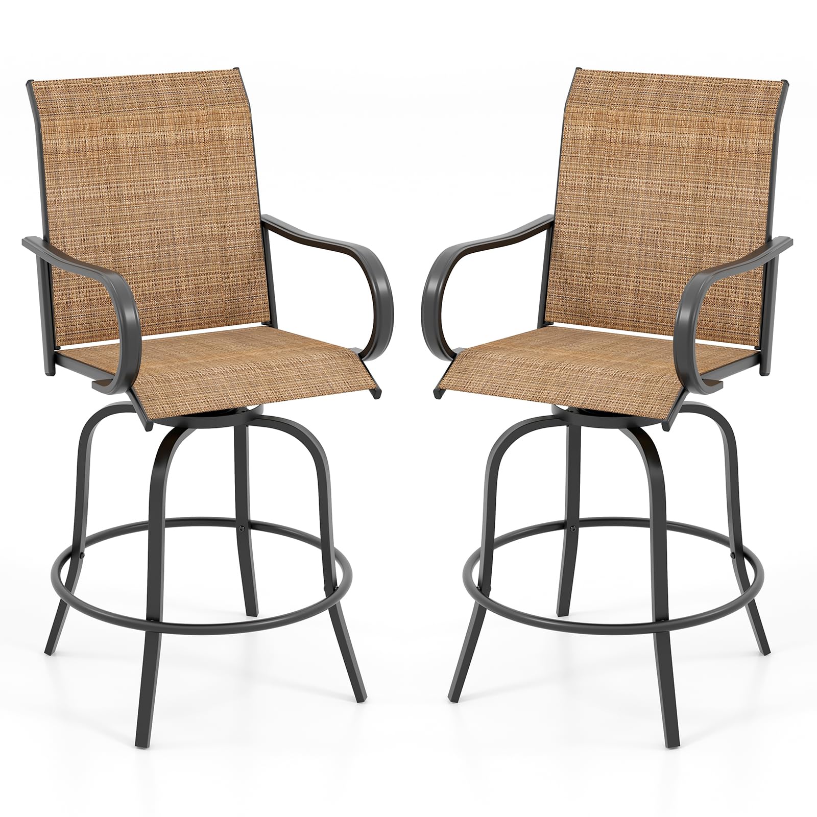 Tangkula Outdoor Swivel Bar Stools Set of 2, Bar Height Tall Patio Chairs with Armrests & High Back, Cozy Footrest & Solid Metal Support, High Top Bar Chairs for Backyard, Balcony, Poolside (1, Brown)