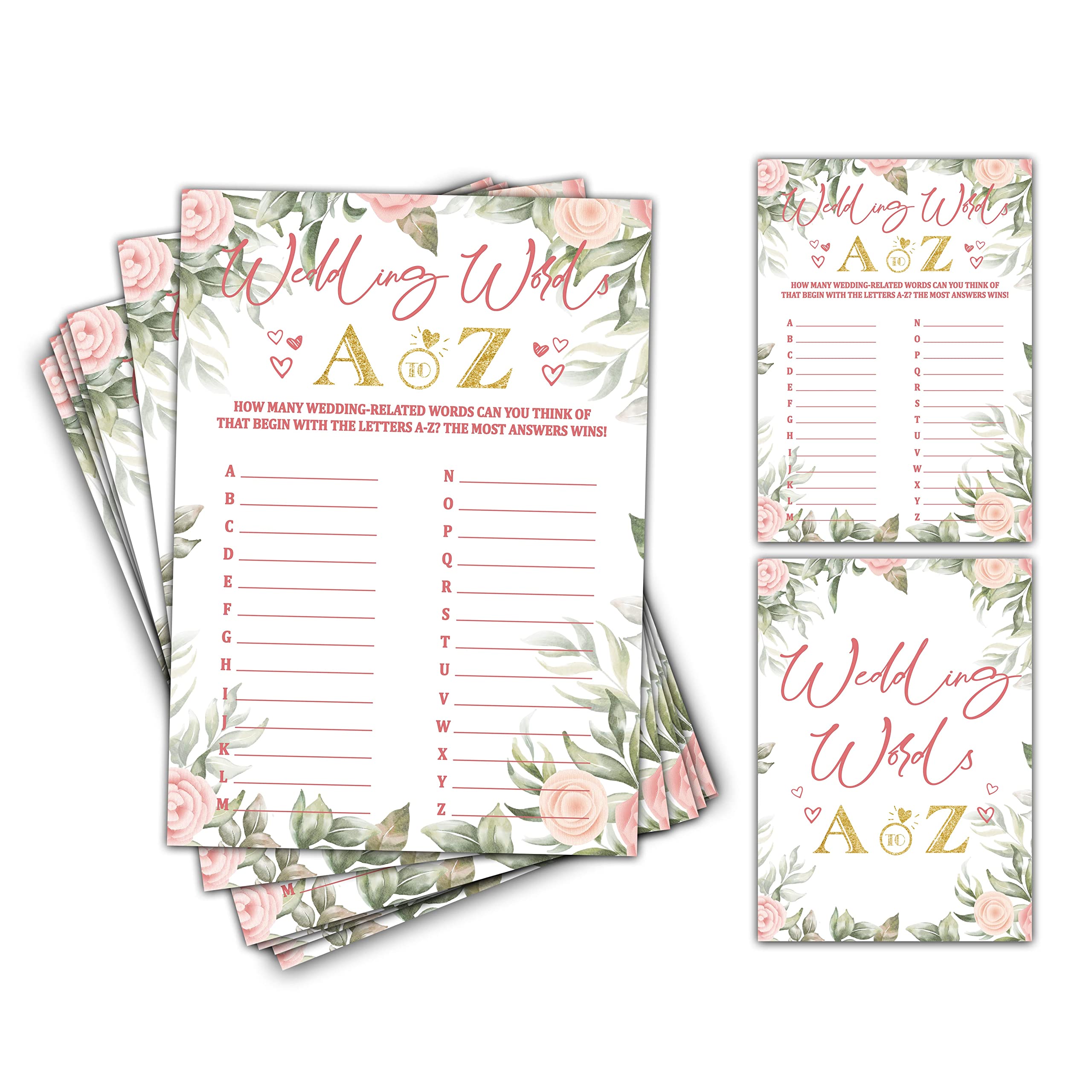 Bridal Shower Games - Wedding Words A to Z Wedding Party Game - Boho Floral Greenery Bachelorette/Engagement Party Supplies Activities - Pack of 30 Game Cards (A07)