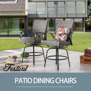 Festival Depot 2pcs Patio Bar Height Stools Rattan Wicker High Back 360° Swivel Chairs Patio Dining Chairs Metal Outdoor Furniture with Soft Seat Cushion for Bistro Lawn Garden Pool