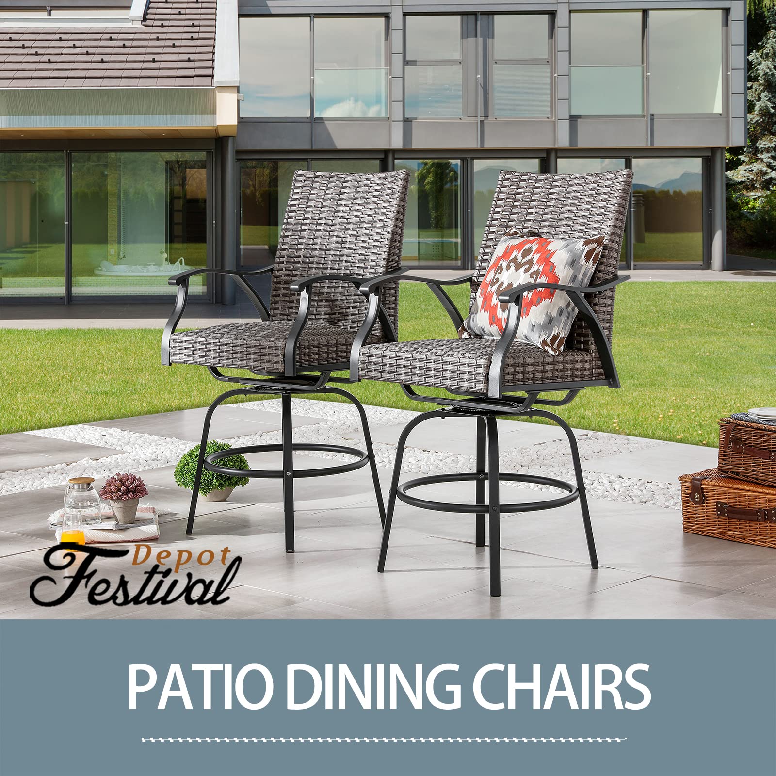 Festival Depot 2pcs Patio Bar Height Stools Rattan Wicker High Back 360° Swivel Chairs Patio Dining Chairs Metal Outdoor Furniture with Soft Seat Cushion for Bistro Lawn Garden Pool