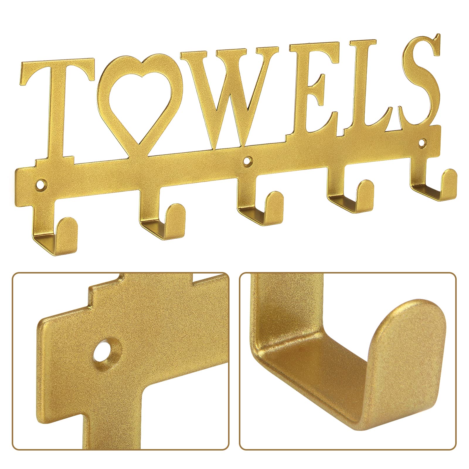 WeeksEight Metal Towel Holder Towel Rack, Wall Mount Towel Hanger Hooks for Bathroom Kitchen Bedroom Hanging Towels Bathrobe Robe (5 Hooks Gold)