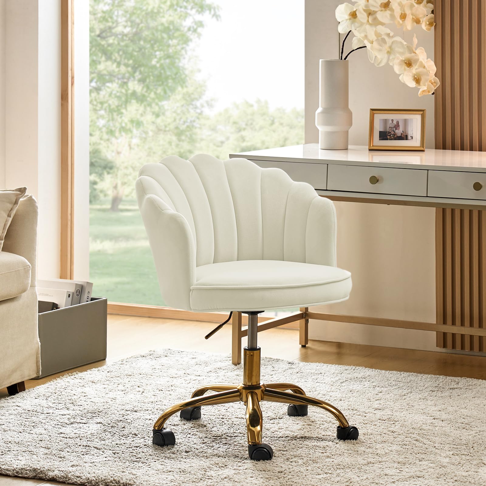 HULALA HOME Velvet Home Office Chair with Gold Base, Womans Modern Cute Shell Back Upholstered Desk Chair for Vanity, Adjustable Swivel Task Chair for Living Room, Ivory Chair for Desk