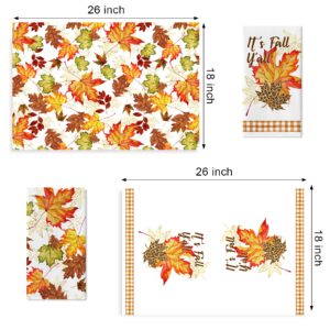 Seliem It’s Fall Y’All Maple Leaves Kitchen Dish Towel Set of 2, Watercolor Thanksgiving Leopard Leaf Fingertip Towel Hand Drying Baking Cooking Cloth, Autumn Seasonal Home Farmhouse Decoration 18x26