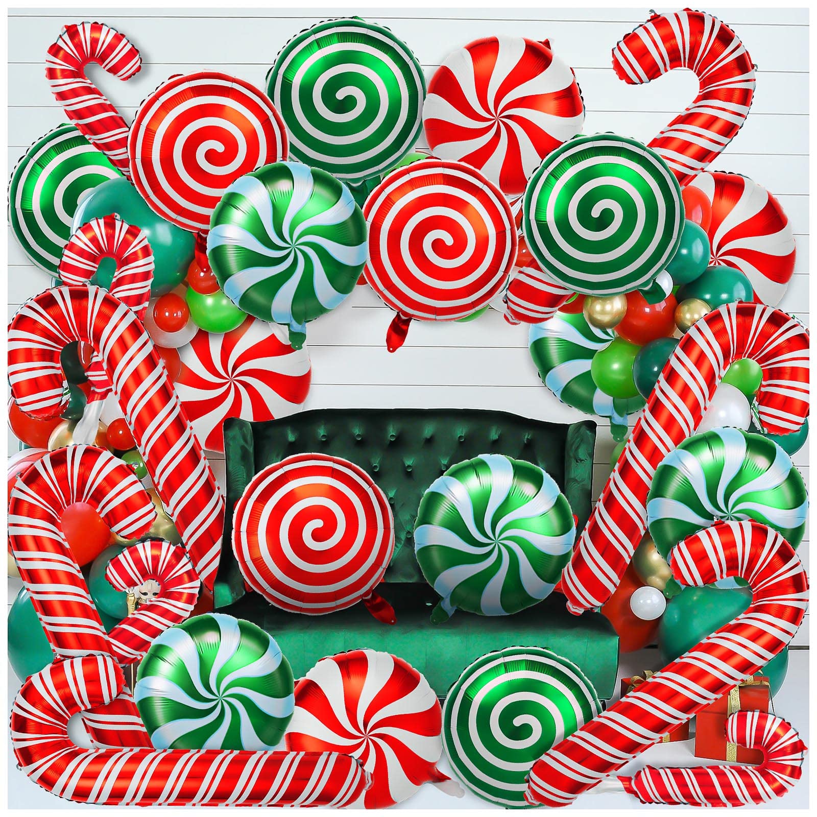 36 Pcs Christmas Candy Balloons Kit, Large Cane Swirl Candy Foil Balloons with 2 Pcs Ribbons, Red Green Mylar Sweet Candies Theme Balloons